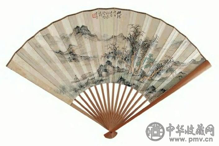 彭寿 山水书法 扇面 纸本
