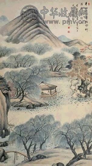 汤贻芬 1846年 柳阴树下客停舟 立轴 设色纸本
