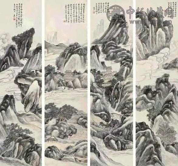 黄宾虹 山水 四屏 设色纸本 收藏资讯|艺术家|书画家|书画名人|书法家-中华收藏网