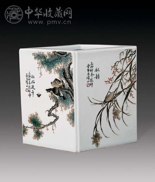 民国 粉彩花鸟棱形笔筒