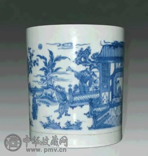 清 青花人物故事纹笔筒