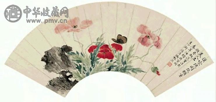 冯超然 蝴蝶虞美人图并楷书五言诗 扇面