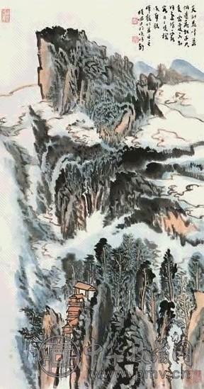 陆俨少 危峰万仞洗耳听 立轴 设色纸本