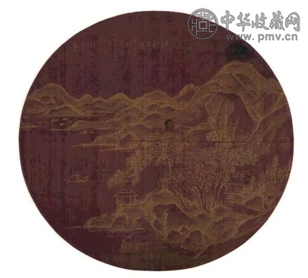 王庭桢 江村平远 扇面 描金绢本