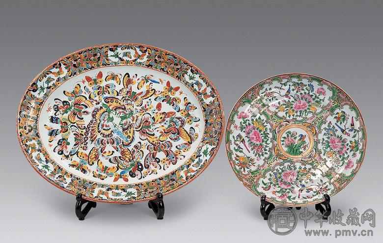 清 广彩花蝶腰圆盆 开框花鸟盆(2件)
