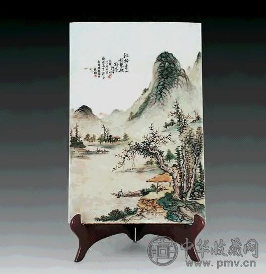 民国 浅绛彩山水人物瓷片