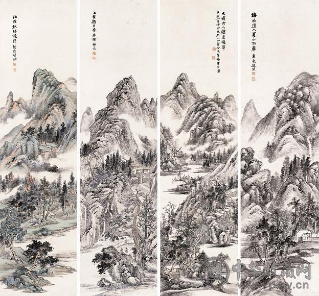 陆恢 1904年作 仿宋元四大家山水屏 四屏 设色纸本