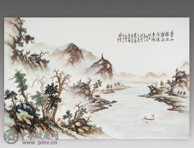 民国 粉彩青绿山水纹瓷板