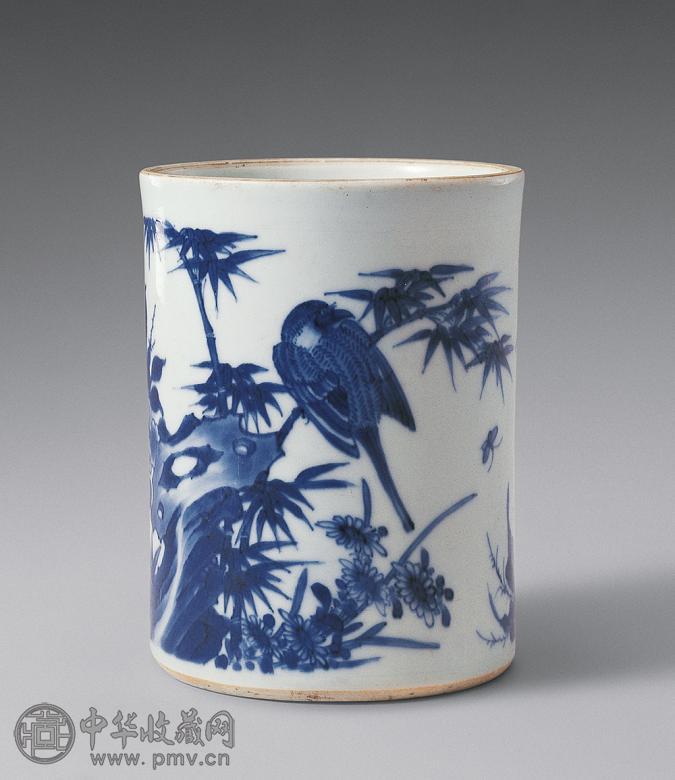 清康熙 青花花鸟图笔筒