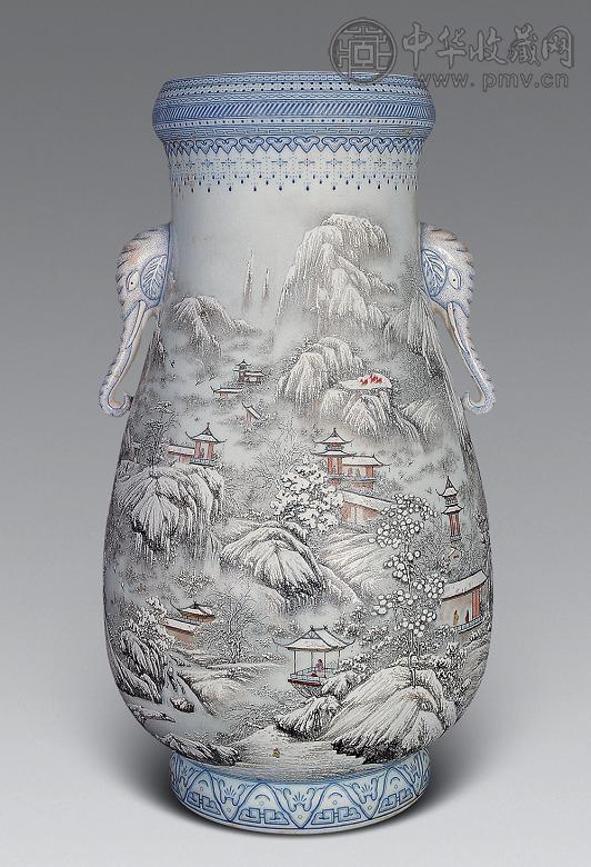 二十世纪 汪昆荣绘雪景山水象耳尊