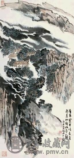 陆俨少 庚申(1980年)作 屋角云开图 立轴 设色纸本
