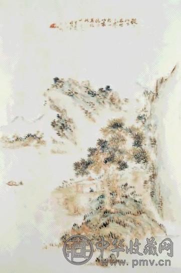 清咸丰 浅绛彩松亭山水图瓷板画