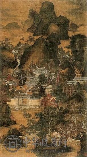 元 丁野夫 楼阁山水 轴