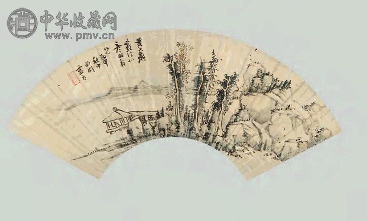 蓝孟 山水 扇面 金笺