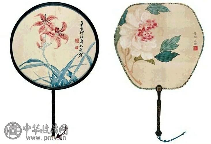 溥翰 书法、花卉共两把 扇面 绢本