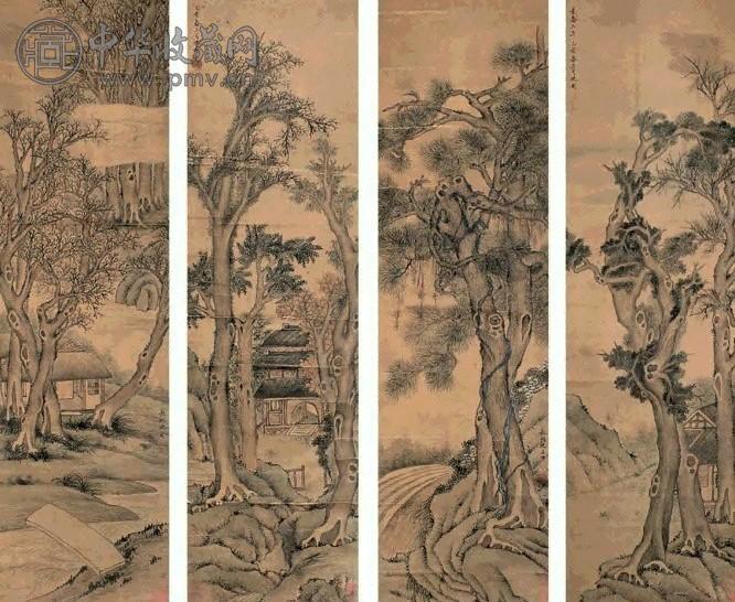 沈周 山水 四屏 设色绢本