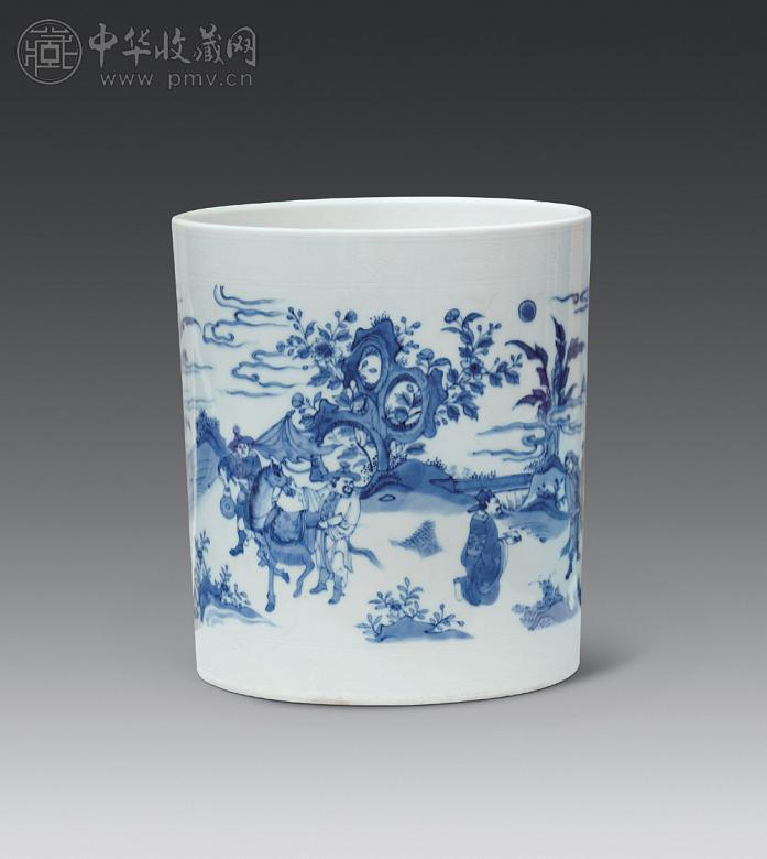明代崇祯 青花人物笔筒