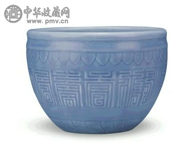 清 乾隆 砖兰釉印花寿字纹缸