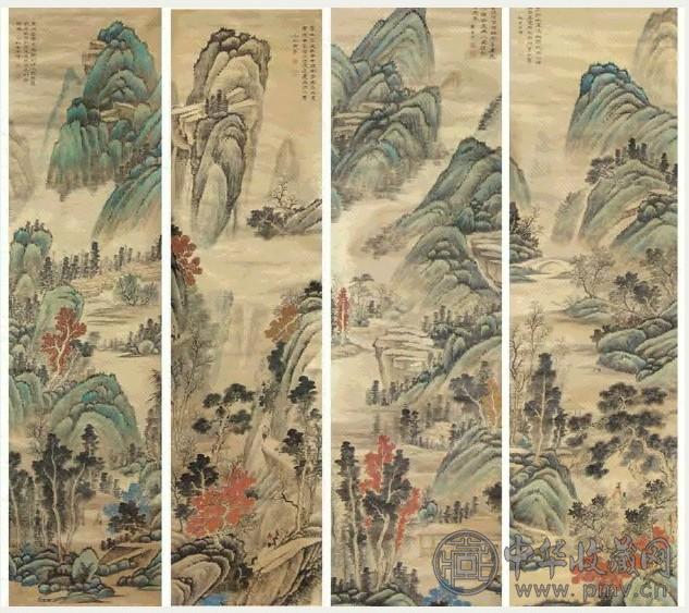 黄易 山水四屏 立轴 4轴 设色纸本