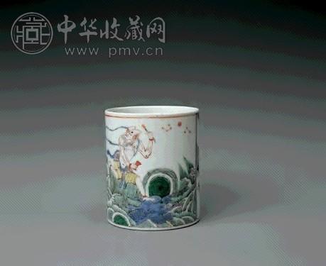 清康熙 五彩魁星点斗图笔筒