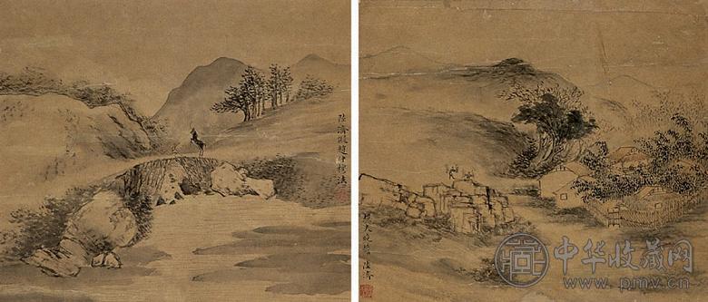 陆济 山水(2件) 立轴 油画