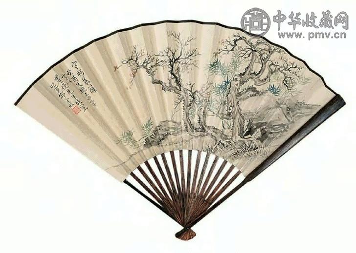 郭兰枝 1933年作 寒柯藂筱 篆书 扇面 设色笺本