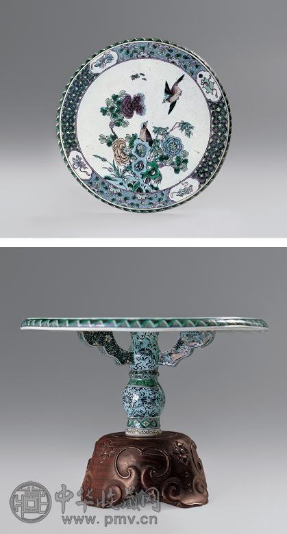 清康熙 素三彩花鸟图圆座
