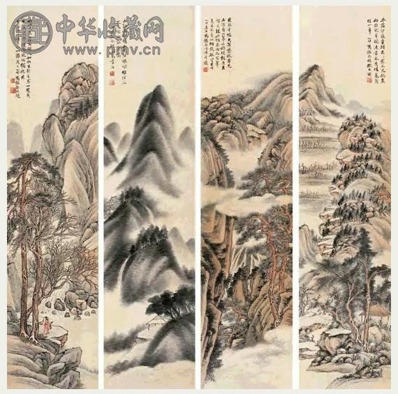 冯超然 1915年 山水四景(4件) 屏轴 设色纸本