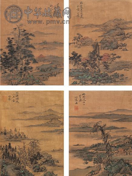 管念慈 仿名家山水册 册页(9开选4) 设色绢本