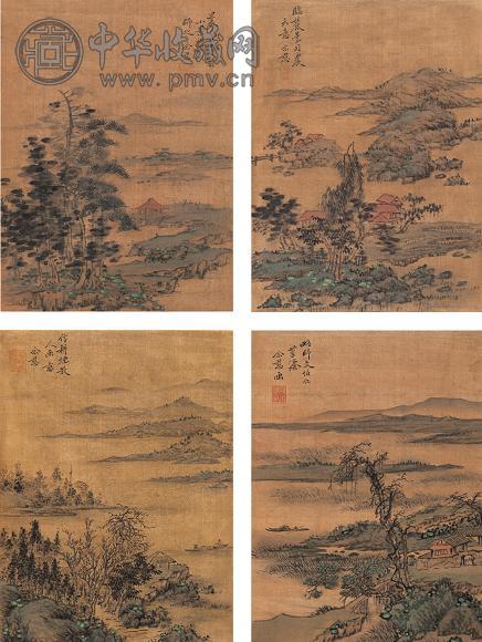 管念慈 仿名家山水册 册页(9开选4) 设色绢本