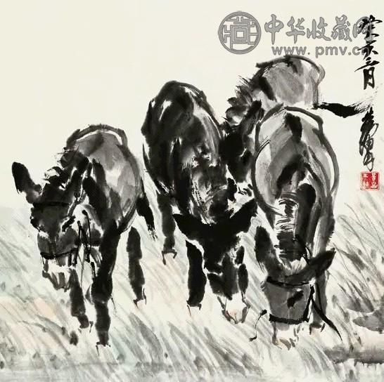 黄胄 四驴 镜心 设色纸本