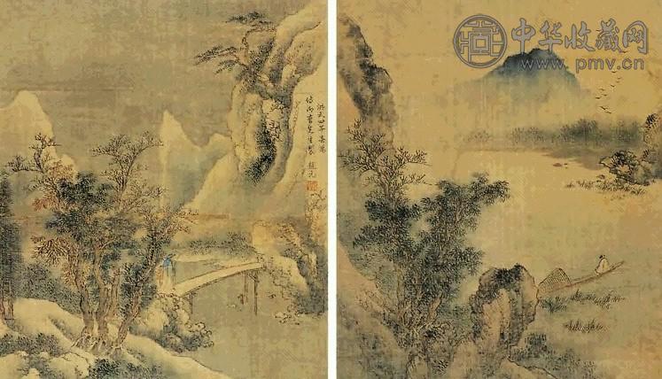 赵元 山水 册页(8开选2) 绢本