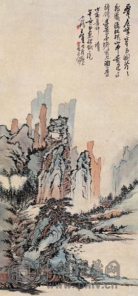 王个簃 应芊芊 1938年作 作山中景色 立轴 设色纸本