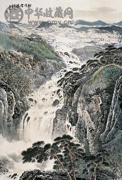 季观之 松岗云瀑 立轴 设色纸本