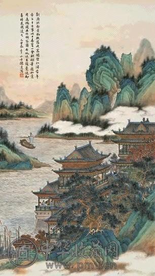 陈达 己丑(1949)年作 江帆楼阁图 立轴 设色纸本