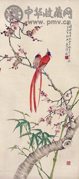 汤心馀 癸酉(1933年)作 花鸟 立轴 设色纸本