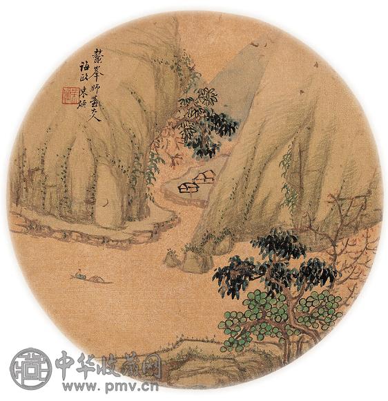 陈烻 溪山放舟图 团扇镜心 设色绢本