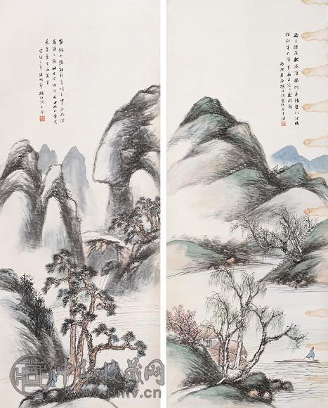 杨伯润 山水 三屏 纸本