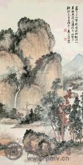 启功 秋山携杖 镜心 设色纸本