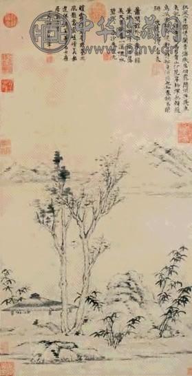 倪瓒 1372年作 疏林亭子 水墨纸本