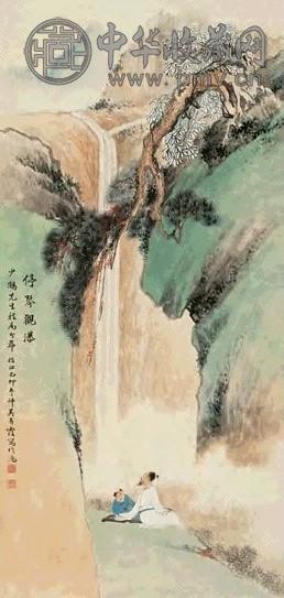 吴青霞 己卯(1939)年作 停琴观瀑 立轴 设色纸本