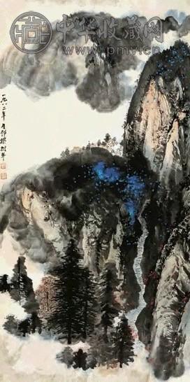 梁树年 峻岭山村图 轴 设色纸本