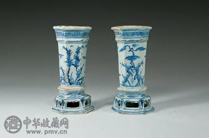 明中期 青花竹石香插(1对)