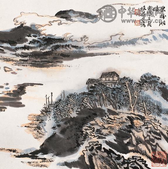 陆俨少 壬戌(1982年)作 原树湖楼 镜心 设色纸本