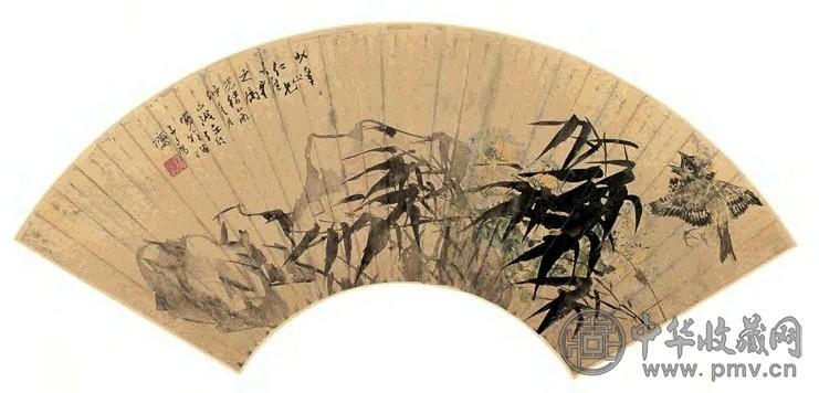 任伯年 1875年作 竹石寒菊 扇面 设色泥金