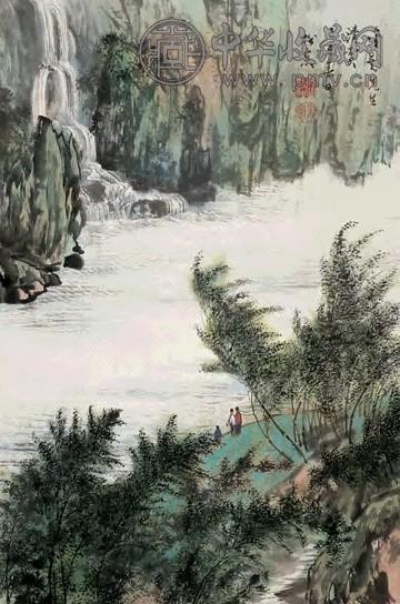 溥佺 隔岸观瀑图立轴设色纸本