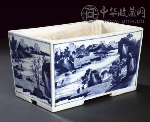 清康熙青花山水人物纹缸