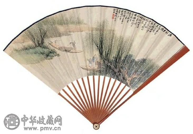 清 杨柳谷 渔村夕照、行书 成扇 绢本设色