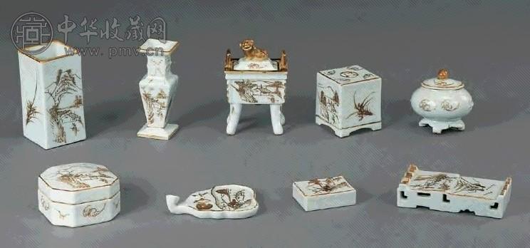 清光绪 白釉描金山水人物纹文具(9件/套)