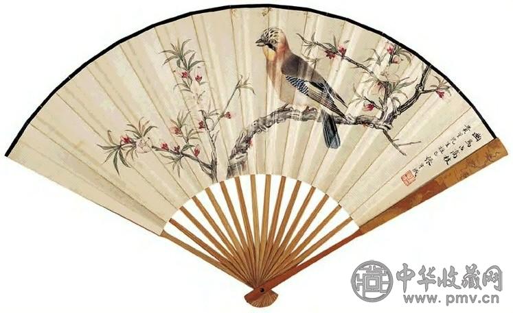 张守成 1954年作 高枝幽禽图并隶书点绎唇词 成扇 纸本设色